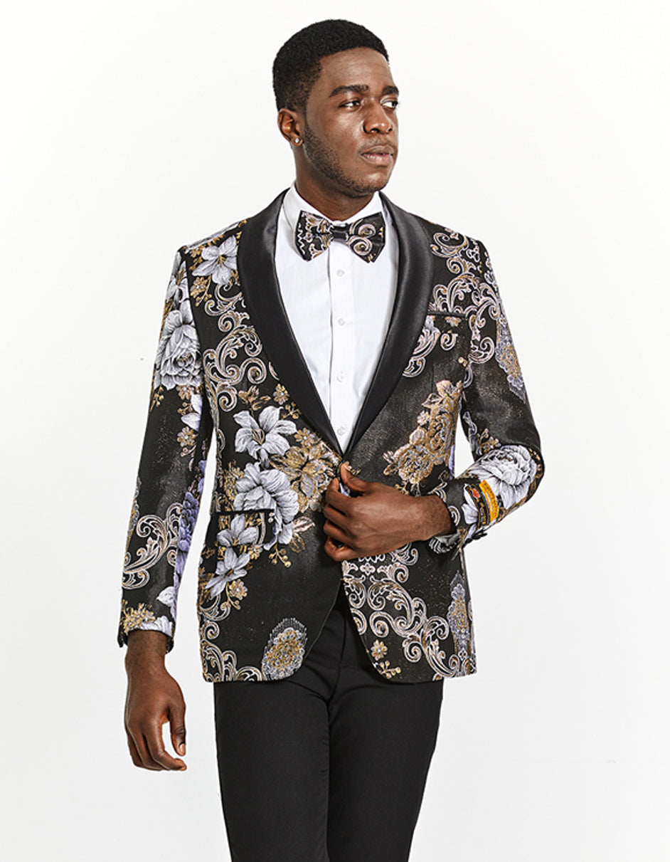 Mens Slim Fit Prom Tuxedo Blazer in Black and Silver Floral Design - Men's Tuxedo USA β SuitUSA
