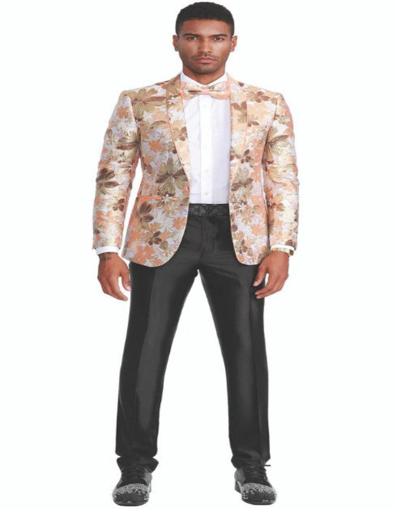 Mens One Button Slim Fit Paisley Prom Tuxedo Jacket in Peach and Orange