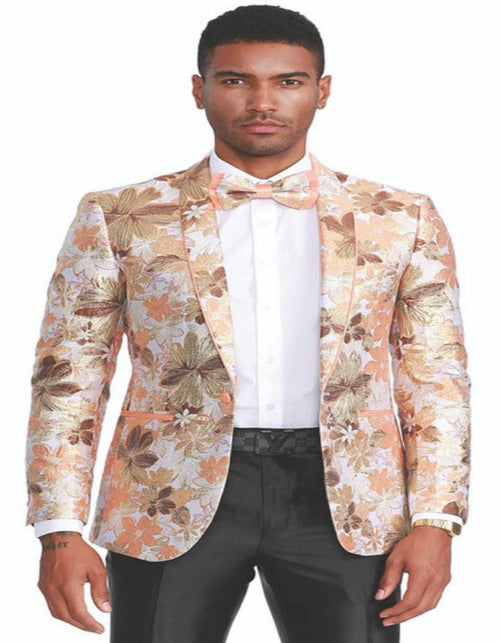 Mens One Button Slim Fit Paisley Prom Tuxedo Jacket in Peach and Orange