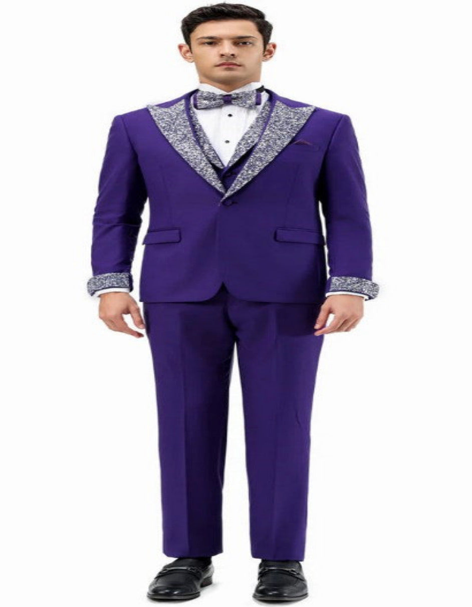 Purple Prom Tuxedo - Perfect Wedding Suit Vested Rhinestone Lapelled