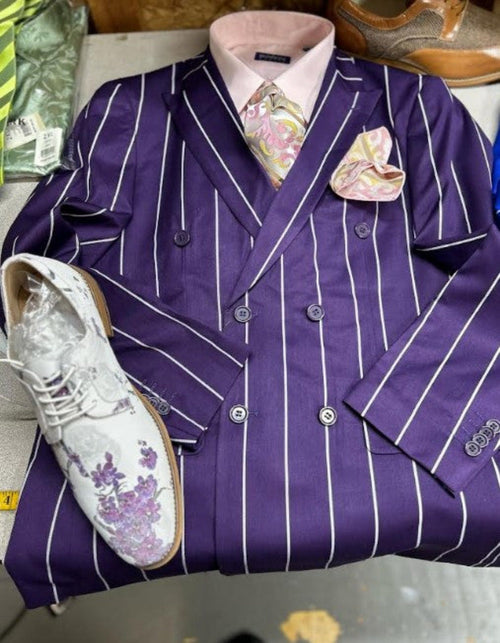 Mens Double Breasted Blazer Suit Jacket - Bold Pinstripe Sport Coat in Purple and White Pinstripe by USA Men's Outlet