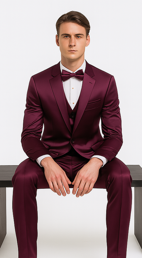 Tazzio Men's Purple Satin Double Breasted 3 Piece Slim Fit Suit with Peak Lapel β Elegant Formalwear