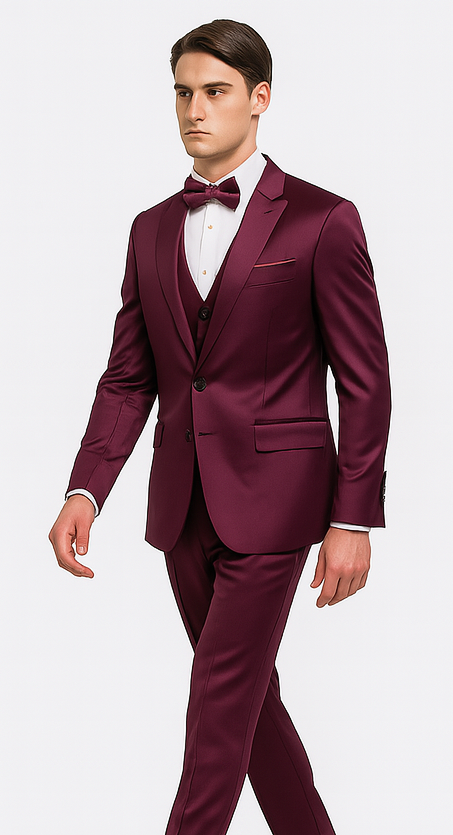 Tazzio Men's Purple Satin Double Breasted 3 Piece Slim Fit Suit with Peak Lapel – Elegant Formalwear