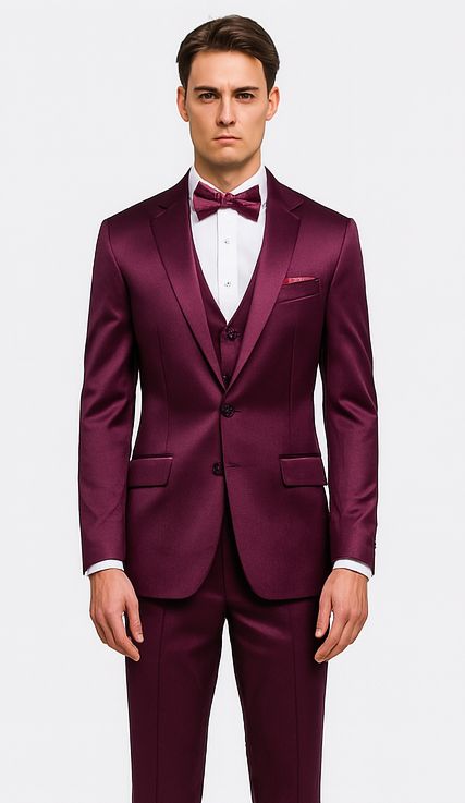 Tazzio Men's Purple Satin Double Breasted 3 Piece Slim Fit Suit with Peak Lapel β Elegant Formalwear