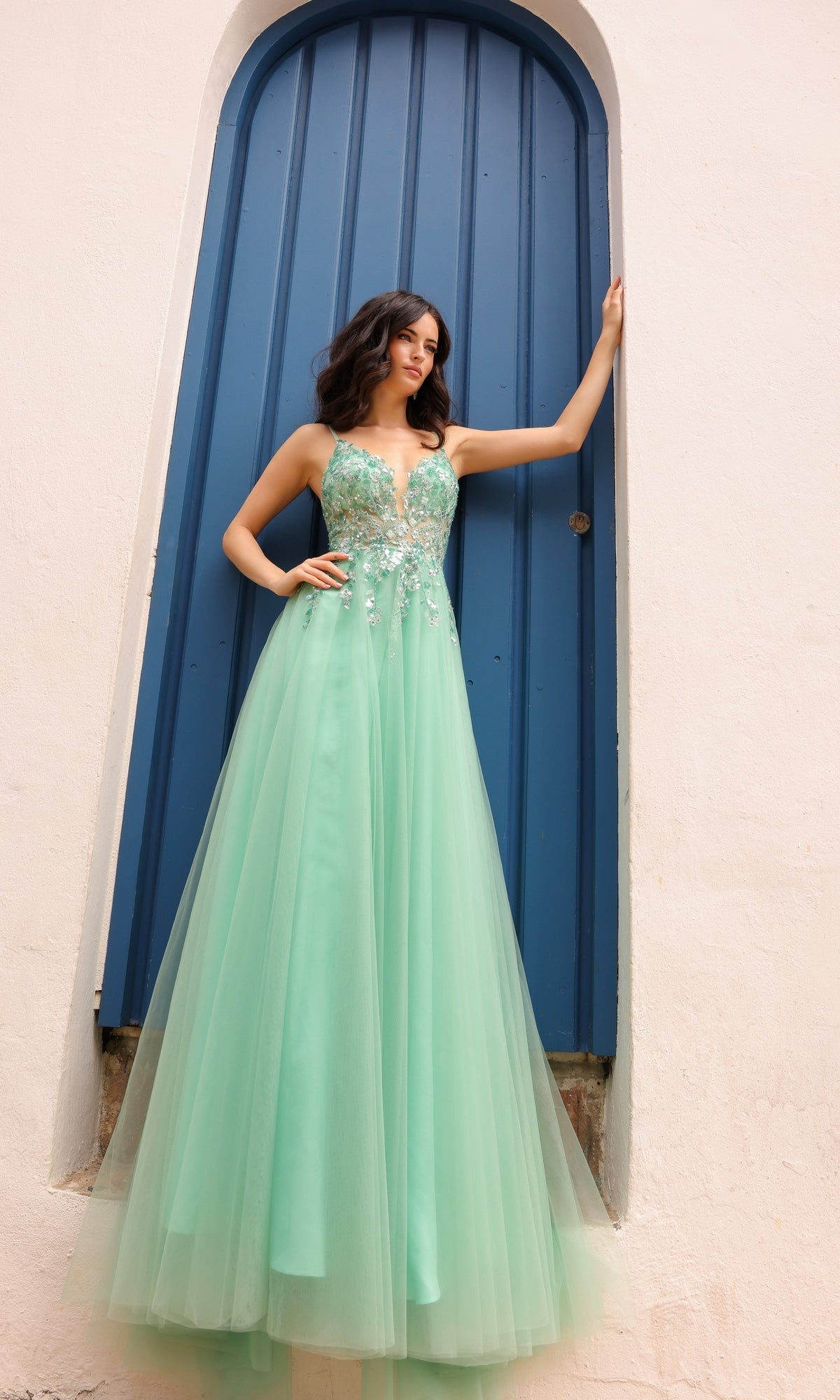 Nox Anabel Q1391 Deep V-Back Long Tulle A-Line Prom Dress