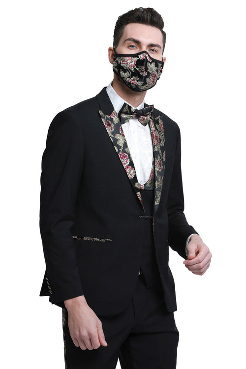 Black Men's Wedding Tuxedo with Floral Peak Lapel - One Button Vested Prom Suit by Tazzio