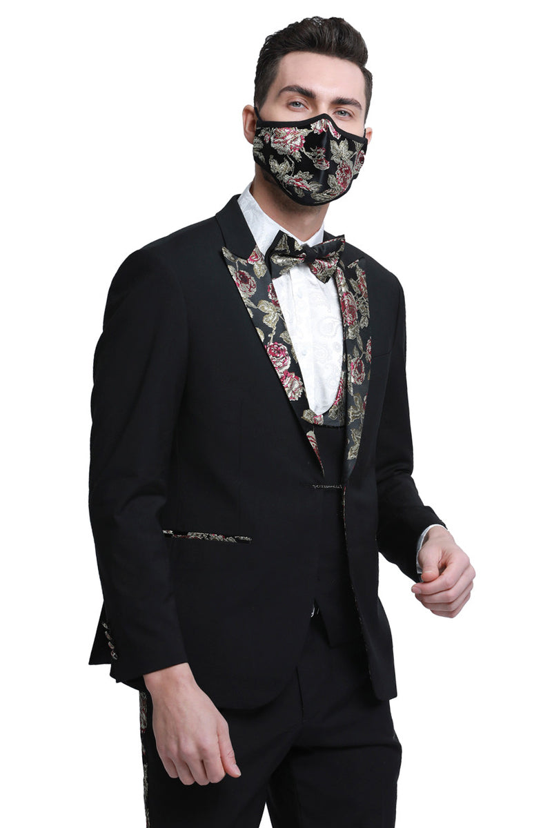 Black Men's Wedding Tuxedo with Floral Peak Lapel - One Button Vested Prom Suit by Tazzio