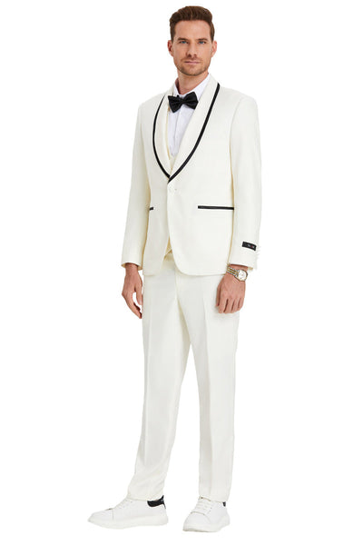 Men's Ivory Shawl Collar Tuxedo & Vest Set in Birdseye