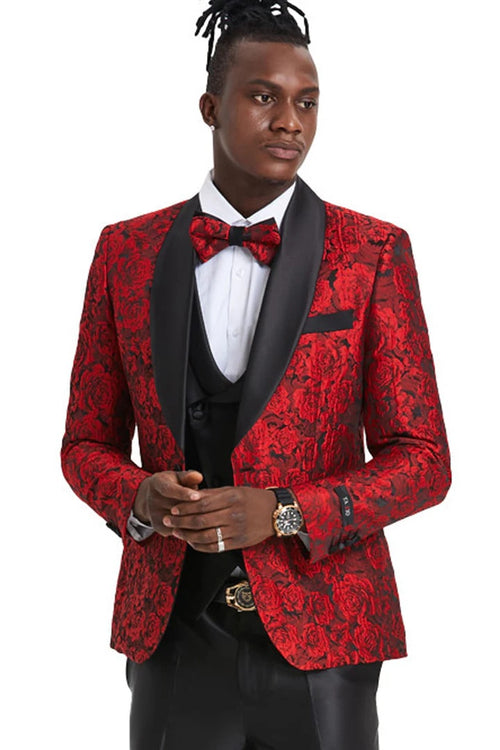 Red/Black Prom Tuxedo Suit - Red/Black Wedding Suit - Men's One Button Slim Fit Shiny Paisley Floral Vested Prom Tuxedo