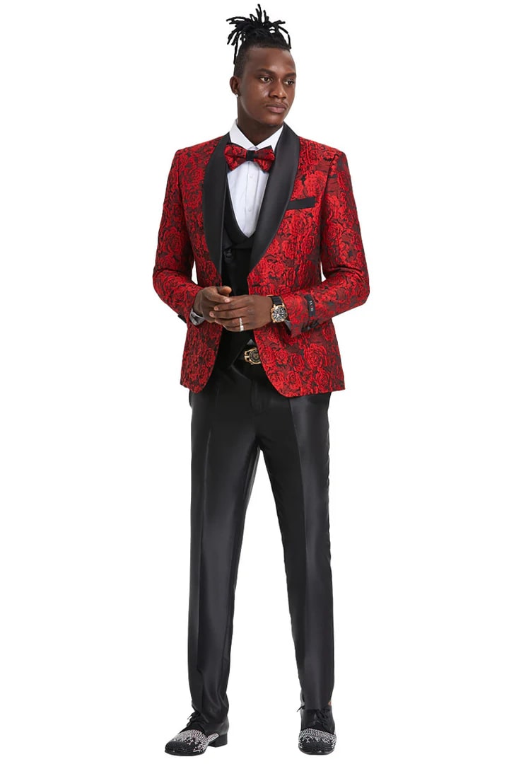 Red/Black Prom Tuxedo Suit - Red/Black Wedding Suit - Men's One Button Slim Fit Shiny Paisley Floral Vested Prom Tuxedo