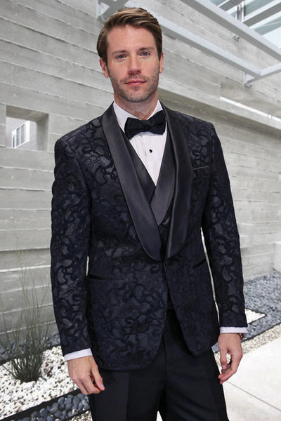 Men's Black Paisley Velvet Smoking Jacket Tuxedo with Vested Double Breasted Prom & Wed