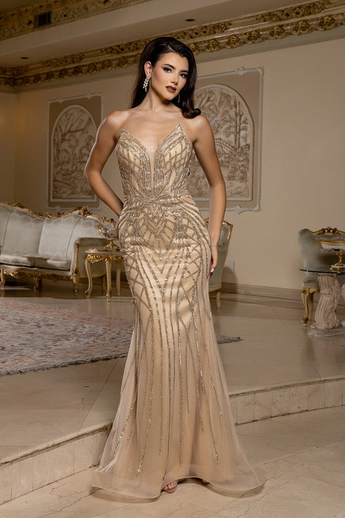 Beaded Mermaid Evening Gown – Strapless Lace-Up Back Formal Prom Dress by Royal Queen RQ8210