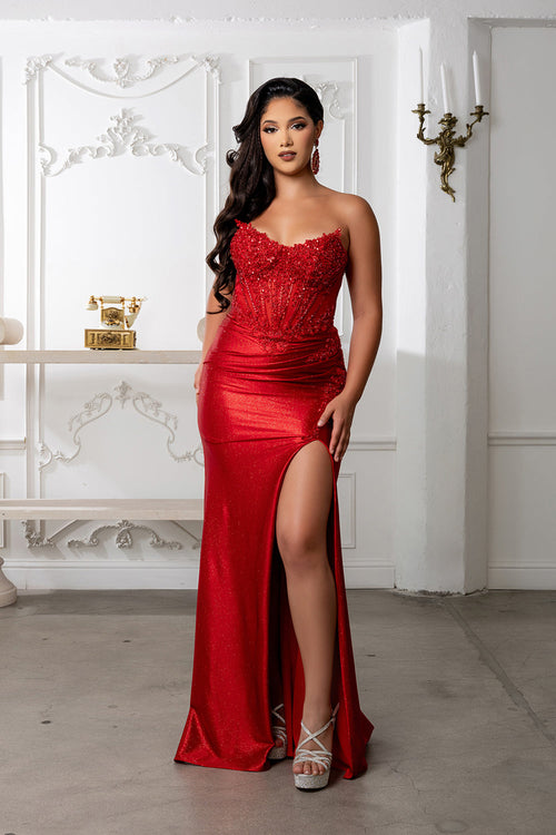 Beaded Corset Dress with High Slit Strapless Embellished Evening Gown by Royal Queen RQ8232