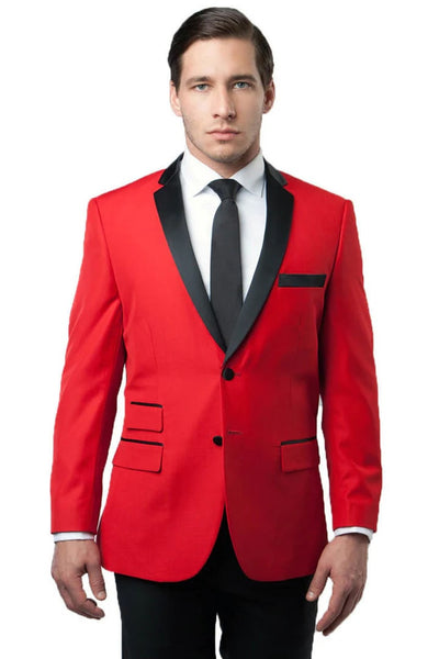 Red Prom Tuxedo Suit - Red Wedding Suit - Men's Slim Fit Two Button Notch Lapel Tuxedo Jacket In Red & Black by PROMTUXEDO