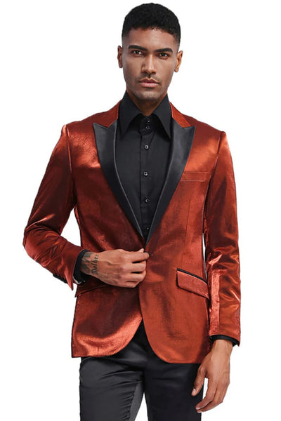 Rust Prom Tuxedo Suit - Rust Wedding Suit - Men's Slim Fit Shiny Satin Prom & Wedding Tuxedo Jacket In Rust by PROMTUXEDO