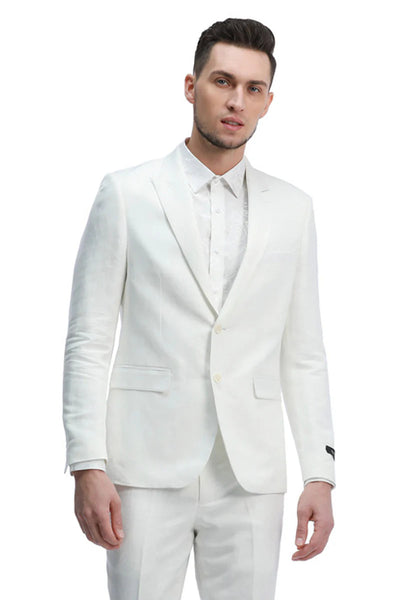 Mens Two Button Peak Lapel Summer Linen Style Beach Wedding Suit in White