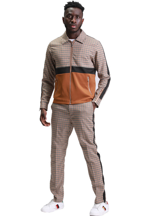 Men's Casual Coffee Houndstooth Suit Set