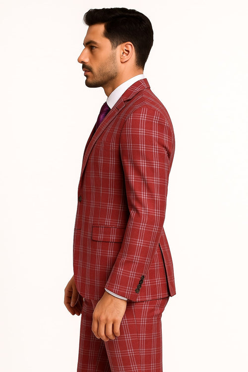 Mens Red Plaid Three-Piece Suit - Bold Checkered Pattern with Vest and Matching Pants by USA Men's Outlet