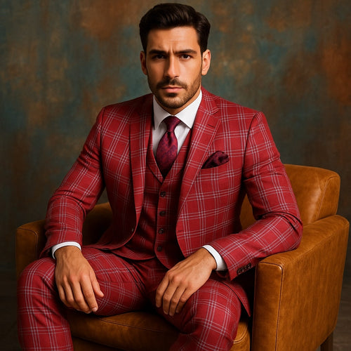 Mens Red Plaid Three-Piece Suit - Bold Checkered Pattern with Vest and Matching Pants by USA Men's Outlet