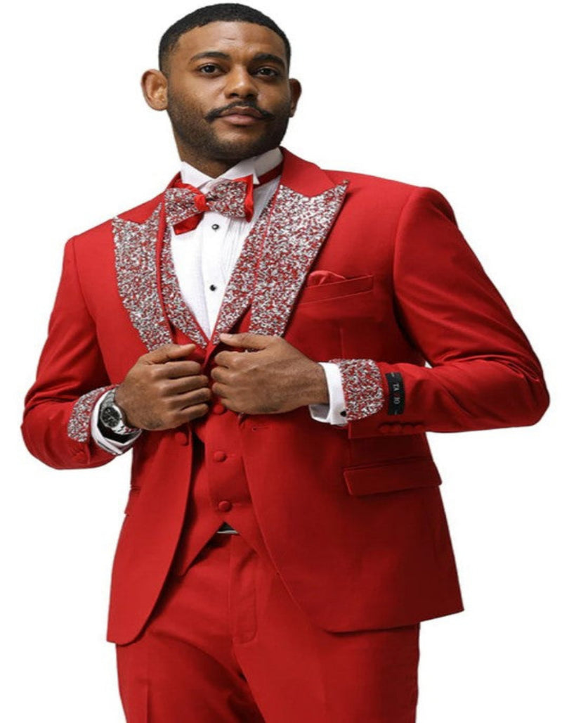 Red Prom Tuxedo - Perfect Wedding Suit Vested Rhinestone Lapelled