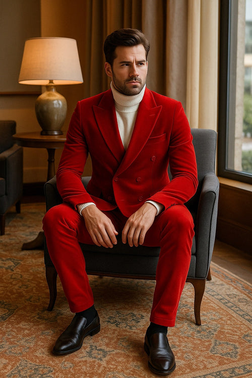Mens Slim Fit Red Velvet Double Breasted Suit with Peak Lapel - Formal Tuxedo Style by USA Men's Outlet
