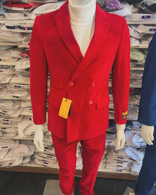 Mens Slim Fit Red Velvet Double Breasted Suit with Peak Lapel - Formal Tuxedo Style by USA Men's Outlet