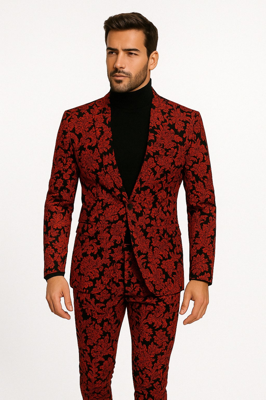 Mens Red and Black Floral Brocade Tuxedo Suit – Two Piece Slim Fit Set