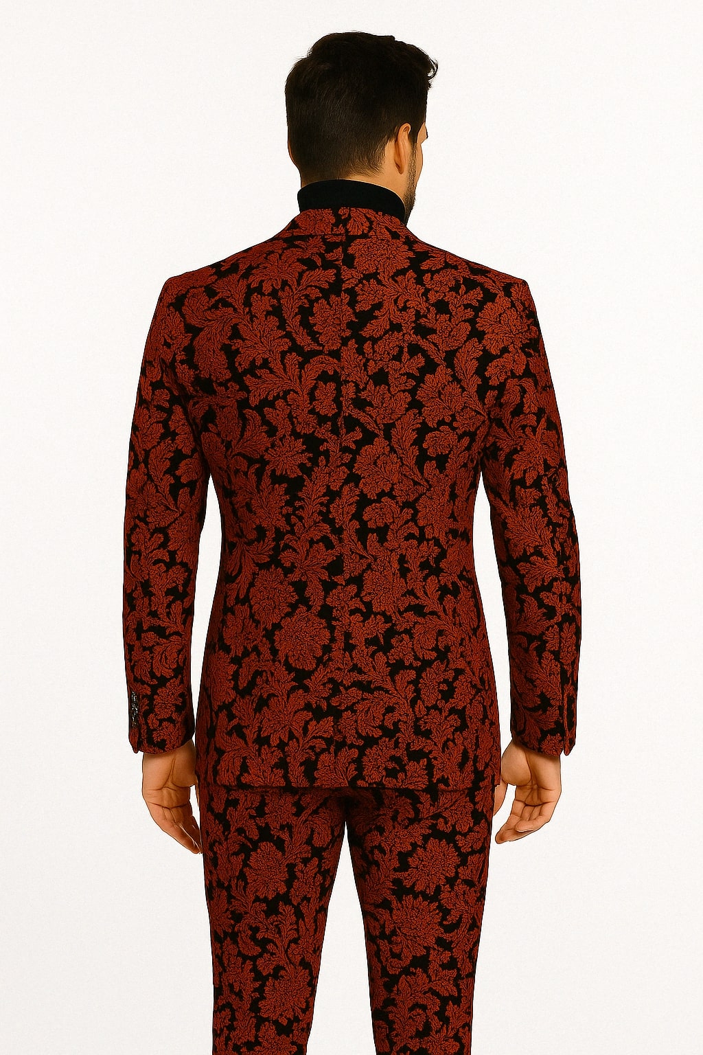 Mens Red and Black Floral Brocade Tuxedo Suit – Two Piece Slim Fit Set