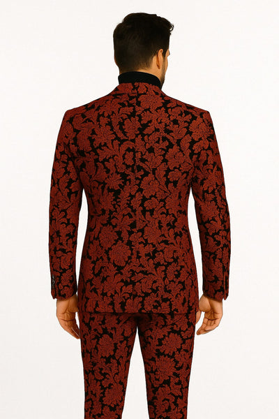Mens Red and Black Floral Brocade Tuxedo Suit – Two Piece Slim Fit Set
