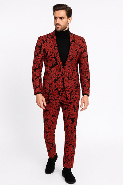 Mens Red and Black Floral Tuxedo Suit – Slim Fit 2 Piece Embroidered Outfit for Weddings, Prom, and Formal Events