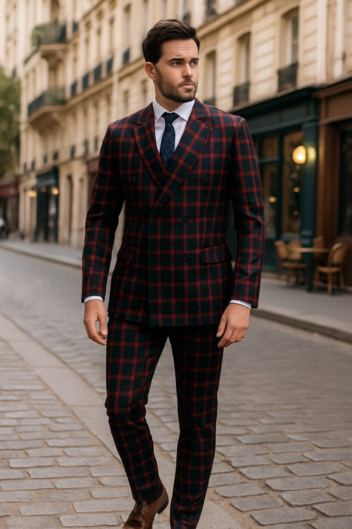 Mens Red and Black Plaid Double-Breasted Suit – Slim Fit Checkered 2 Piece Formal Business Outfit suit