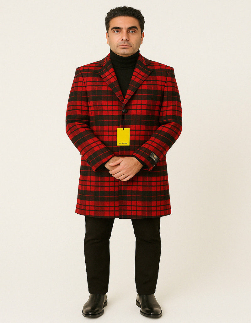 Mens Red and Black Plaid Wool Overcoat – Three Quarter Carcoat - Christmas Coat - Red Peacoat