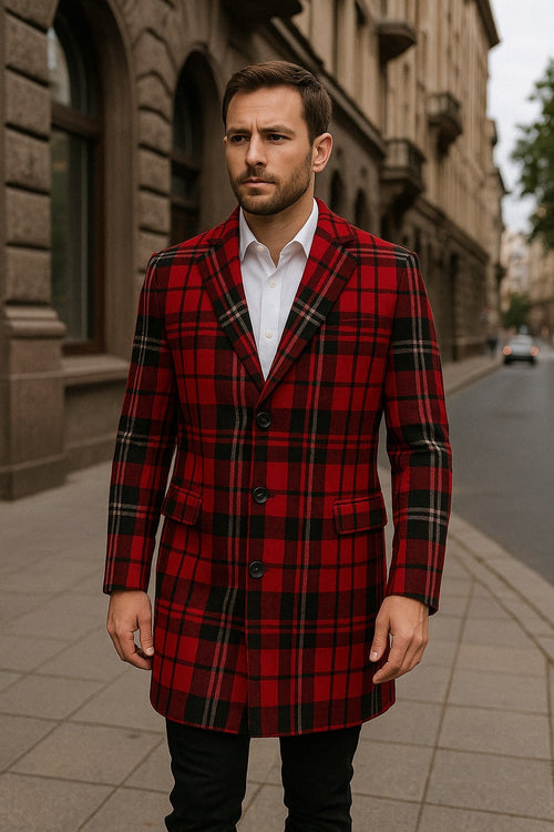Mens Red and Black Plaid Wool Overcoat with Notch Lapel