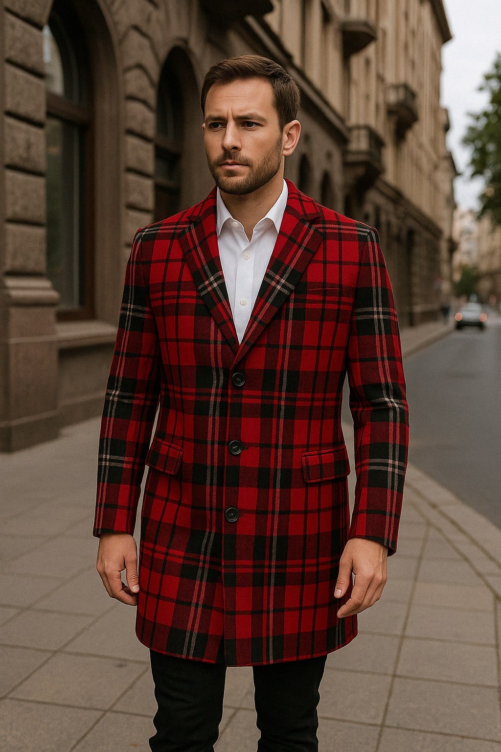 Mens Red and Black Plaid Wool Overcoat with Notch Lapel