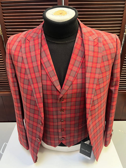 Red Tartan Suit Christmas Party Event - Plaid 3-Piece Slim Fit Suit with Vest - Window pane Pattern