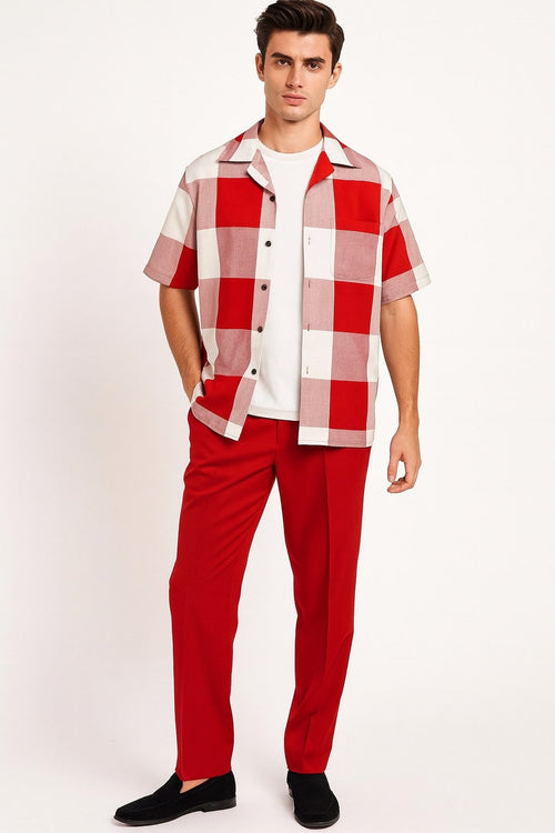 Mens Red and White Checkered Short Sleeve Shirt Set - Casual Two-Piece Summer Outfit by USA Men's Outlet