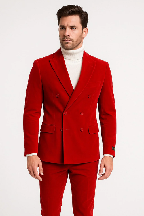 Mens Slim Fit Red Velvet Double Breasted Suits with Peak Lapel – Formal Tuxedo Style
