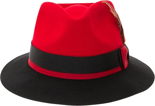Gangster 100% Austrailian Wool Crushable Mens Fedora Hat - Removable Feather Gangster Red and Black Mens Fedora Hat USA Men's Outlet