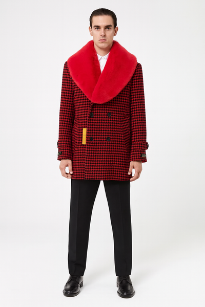 Men’s Red and Black Houndstooth Overcoat with Faux Fur Shawl Collar - Luxury Double-Breasted Winter Coat by USA Men's Outlet