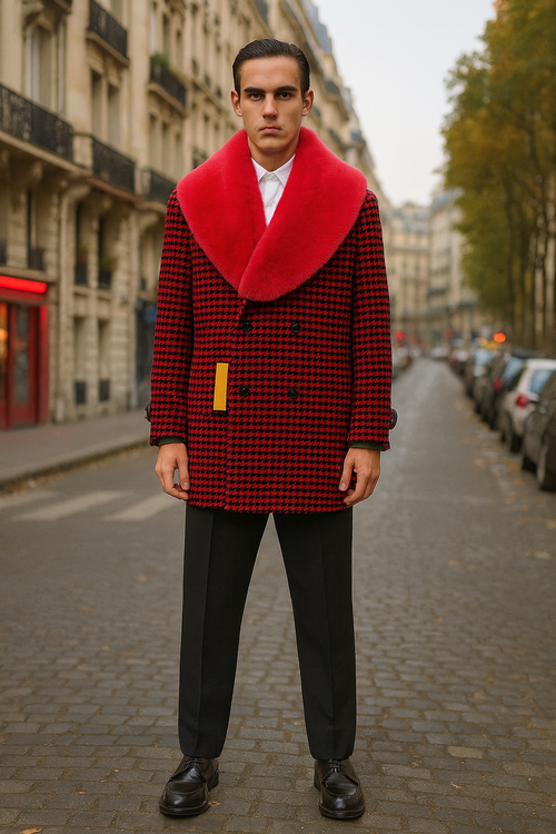 Men’s Red and Black Houndstooth Overcoat with Faux Fur Shawl Collar - Luxury Double-Breasted Winter Coat by USA Men's Outlet