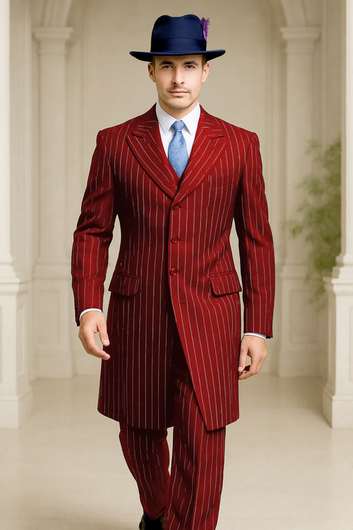Mens Red Pinstripe Suit - Classic Long Coat Style with White Stripes by USA Men's Outlet