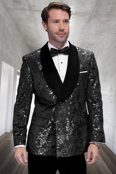 Men's Double Breasted Foil Paisley Dinner Jacket in Black