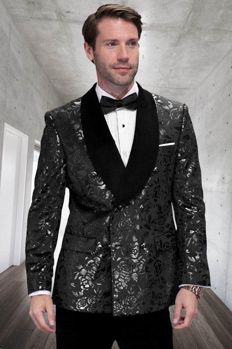 Men's Double Breasted Foil Paisley Dinner Jacket in Black