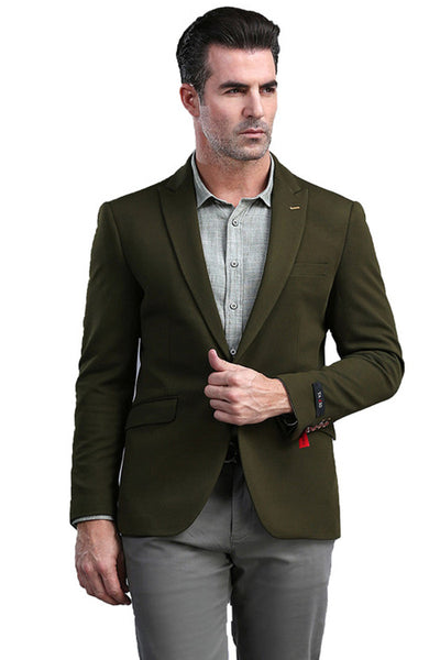 Men's Olive Green Peak Lapel Skinny Blazer by Tazio Suits