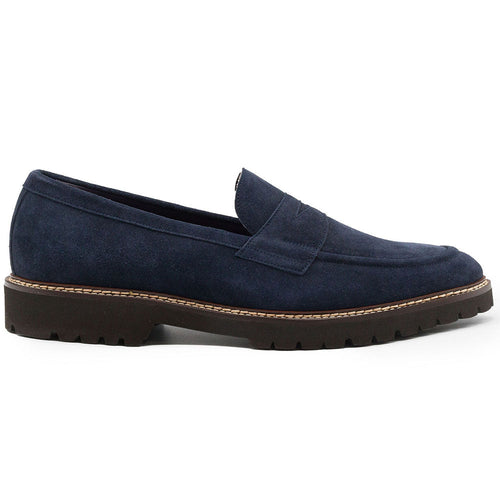 Zelli Roma Italian Suede Penny Loafers in Navy with Rubber Lug Sole