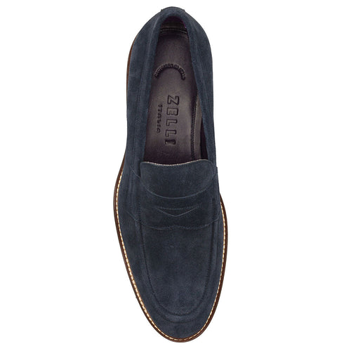 Zelli Roma Italian Suede Penny Loafers in Navy with Rubber Lug Sole