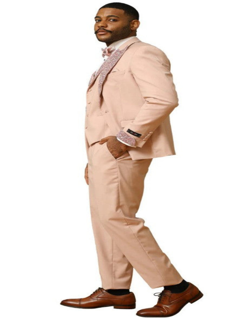 Rose Gold Prom Tuxedo - Perfect Wedding Suit Vested Rhinestone Lapelled