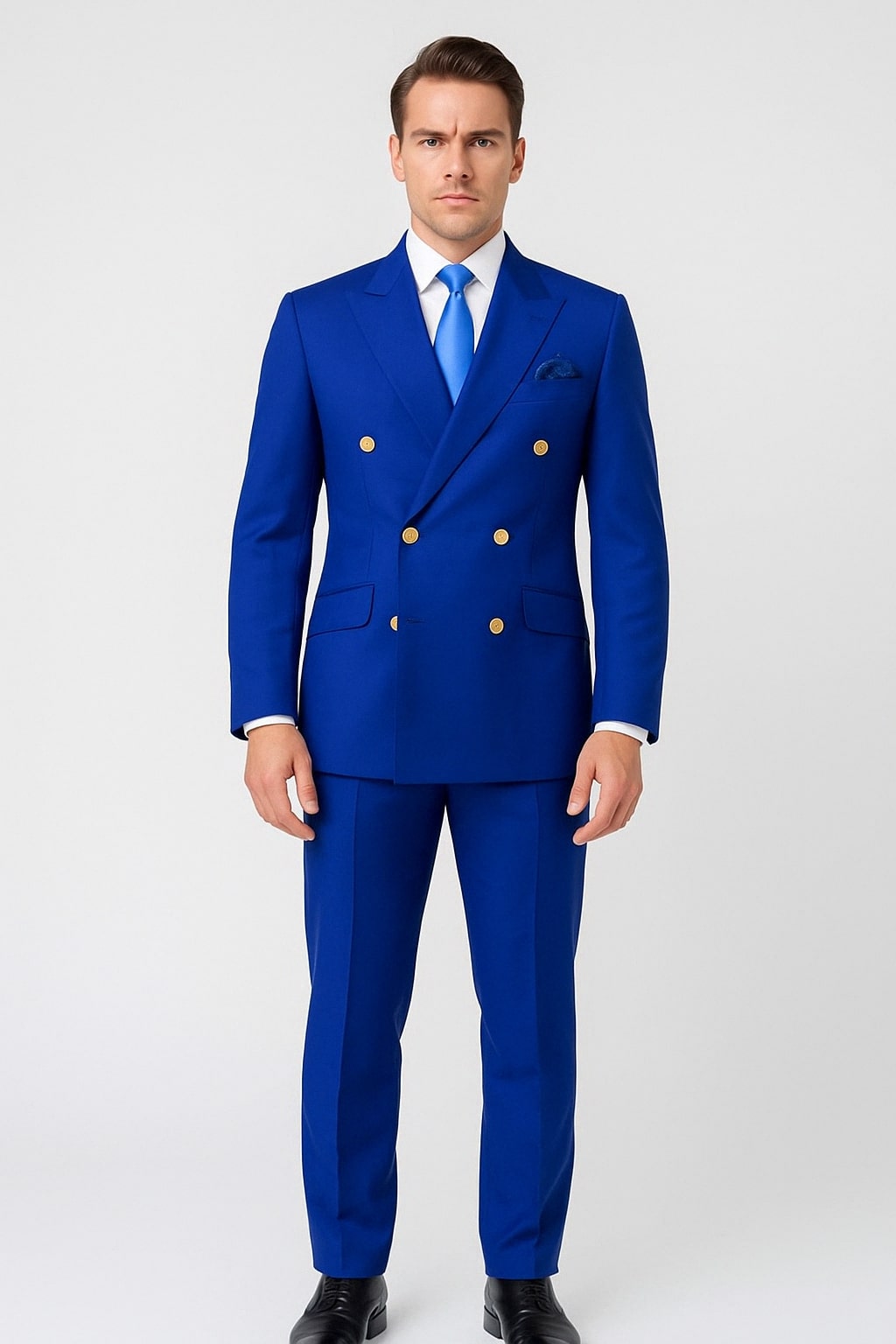 Mens Royal Blue Double-Breasted Suit with Gold Buttons – Slim Fit Formal 2-Piece Set – SuitUSA