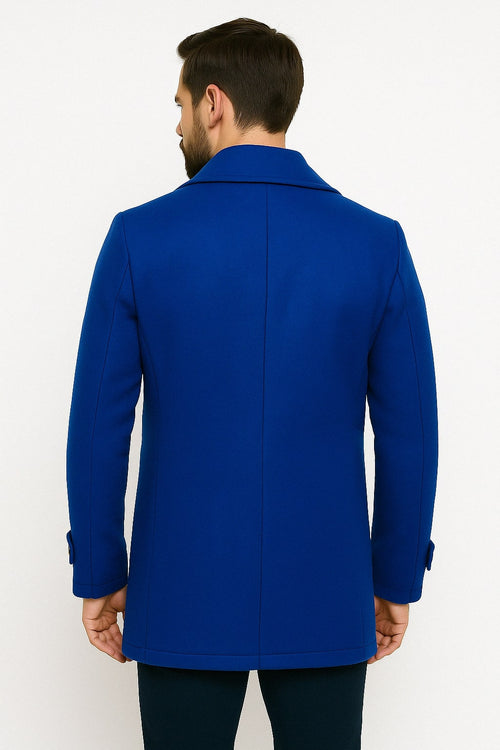 Mens Royal Blue Double-Breasted Wool Peacoat - Alberto Nardoni Collection USA Men's Outlet