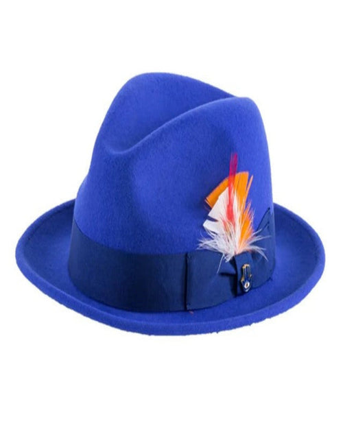 Royal Blue Dress Hat 1920s Fedora Style - Mens Narrow Brim Crushable Wool Dress Hat Trilby Fedora in Royal Blue by USA Men's Outlet